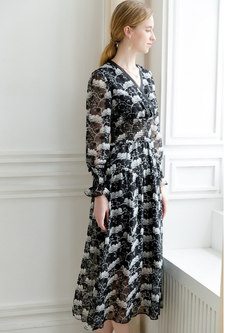 Asymmetric Print Black V-neck Maxi Dress