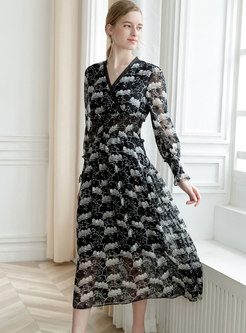 Asymmetric Print Black V-neck Maxi Dress