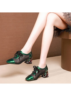 Color-blocked Lace Up Chunky Heel Breathable Shoes