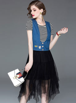Fashion Striped Denim Splicing Two Piece Outfits