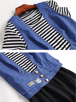 Fashion Striped Denim Splicing Two Piece Outfits