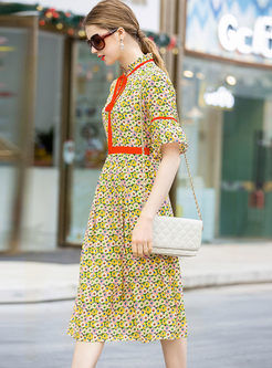 Standing Collar Flare Sleeve Floral Dress