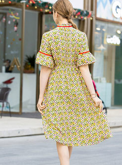 Standing Collar Flare Sleeve Floral Dress