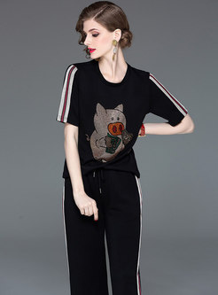 Hot Drilling Pig Pattern T-Shirt & Tied Straight Pants