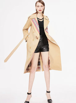 Color-blocked Notched Long Sleeve Trench Coat