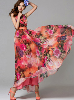 Print V-neck Sleeveless High Waisted Maxi Dress