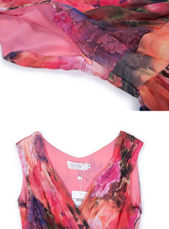 Print V-neck Sleeveless High Waisted Maxi Dress