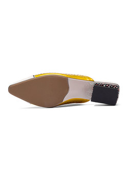 Color-blocked Genuine Leather Chunky Heel Slipers