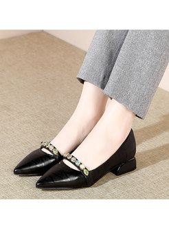 Pointed Toe Chunky Heel Leather Daily Shoes