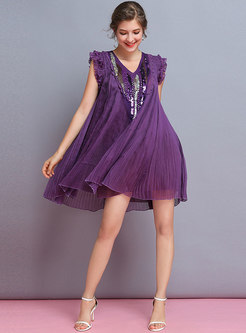 Trendy Splicing Beaded Sequined Pleated Shift Dress