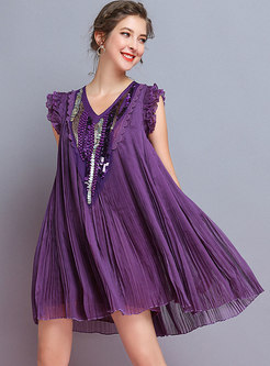Trendy Splicing Beaded Sequined Pleated Shift Dress