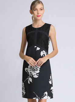 Stylish Black Lace Splicing Print A-line Dress 
