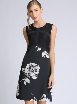 Stylish Black Lace Splicing Print A-line Dress 