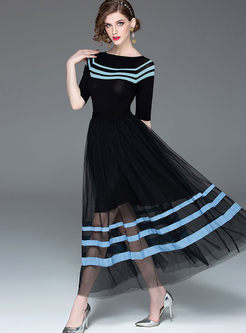 Striped Half Sleeve Top & Mesh A Line Skirt
