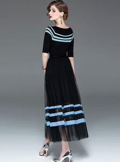 Striped Half Sleeve Top & Mesh A Line Skirt