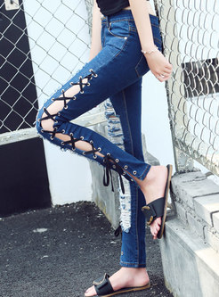 Stylish Denim Tied Hollow Out Pencil Pants