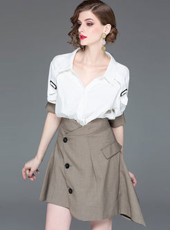 Casual White Lapel Blouse & Asymmetric Skirt