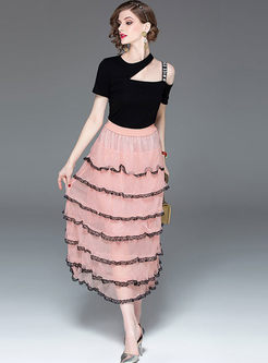 Stylish Short Sleeve Top & High Waist Skirt