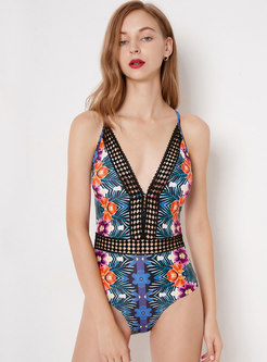 Sexy Print Hollow Out V-neck One Piece Swimwear