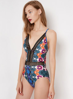 Sexy Print Hollow Out V-neck One Piece Swimwear