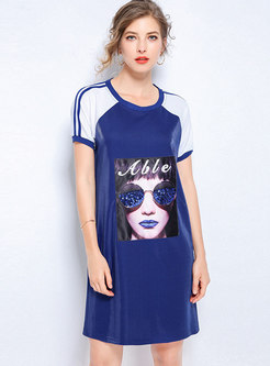 Personality Color-blocked Beaded Sequined T-shirt Dress