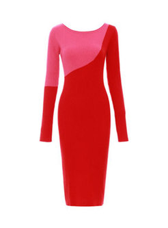 Color-blocked O-neck Sheath Knitted Dress