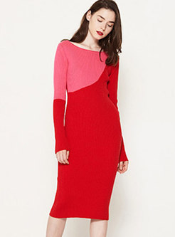 Color-blocked O-neck Sheath Knitted Dress