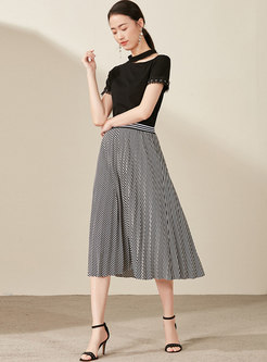 Striped Elastic Waist Pleated Midi Skirt