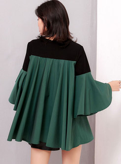 Color-blocked O-neck Flare Sleeve Pullover Blouse