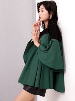 Color-blocked O-neck Flare Sleeve Pullover Blouse