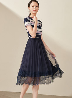 Striped Lace Splicing High Waist A-line Dress