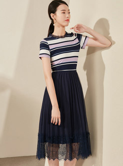 Striped Lace Splicing High Waist A-line Dress