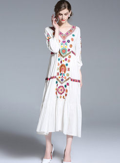 Ethnic V-neck Loose Embroidered Maxi Dress