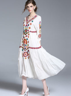 Ethnic V-neck Loose Embroidered Maxi Dress