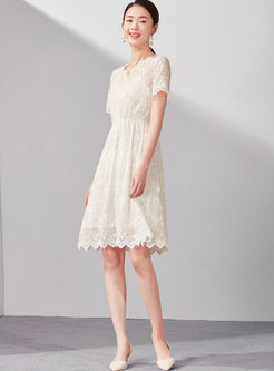 Fashion Lace Embroidered Short Sleeve Dress