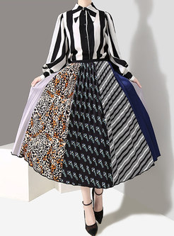 Casual Multicolor Patchwork High Waist Pleated Skirt