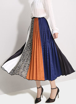Stylish Multicolor Splicing Color-blocked Pleated Skirt
