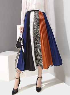 Stylish Multicolor Splicing Color-blocked Pleated Skirt