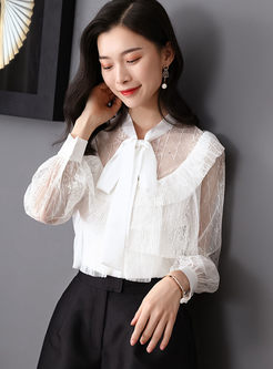 Standing Collar Bowknot Long Sleeve Blouse