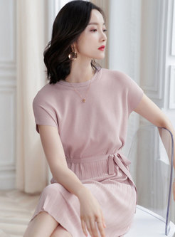 Solid Color Tied Pleated Slim Knitted Sheath Dress
