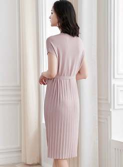 Solid Color Tied Pleated Slim Knitted Sheath Dress