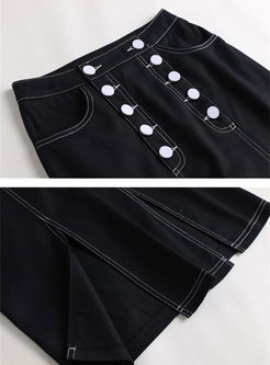 Casual Lapel Letter Print & Denim Slit Skirt