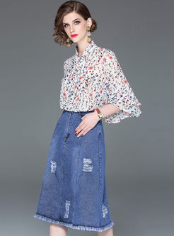 Flare Half Sleeve Print Blouse & Denim Skirt