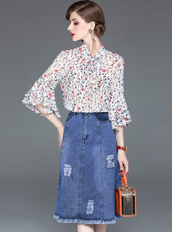 Flare Half Sleeve Print Blouse & Denim Skirt