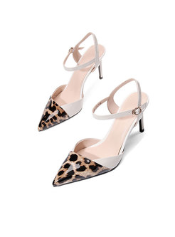 Leopard Stiletto Heel Pointed Toe Leather Shoes