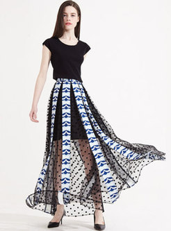 Chic Print Splicing Elastic Waist Long Skirt