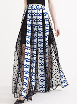 Chic Print Splicing Elastic Waist Long Skirt