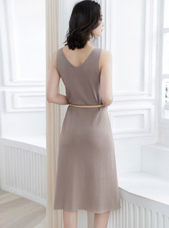 All-matched Solid Color Knitted Sleeveless Slim Dress