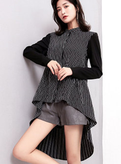 Chic Striped Stand Collar Asymmetric Loose Blouse