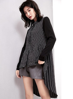 Chic Striped Stand Collar Asymmetric Loose Blouse